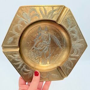 Vintage Hexagon Brass Ashtray with Cast Horse & Foliage Design